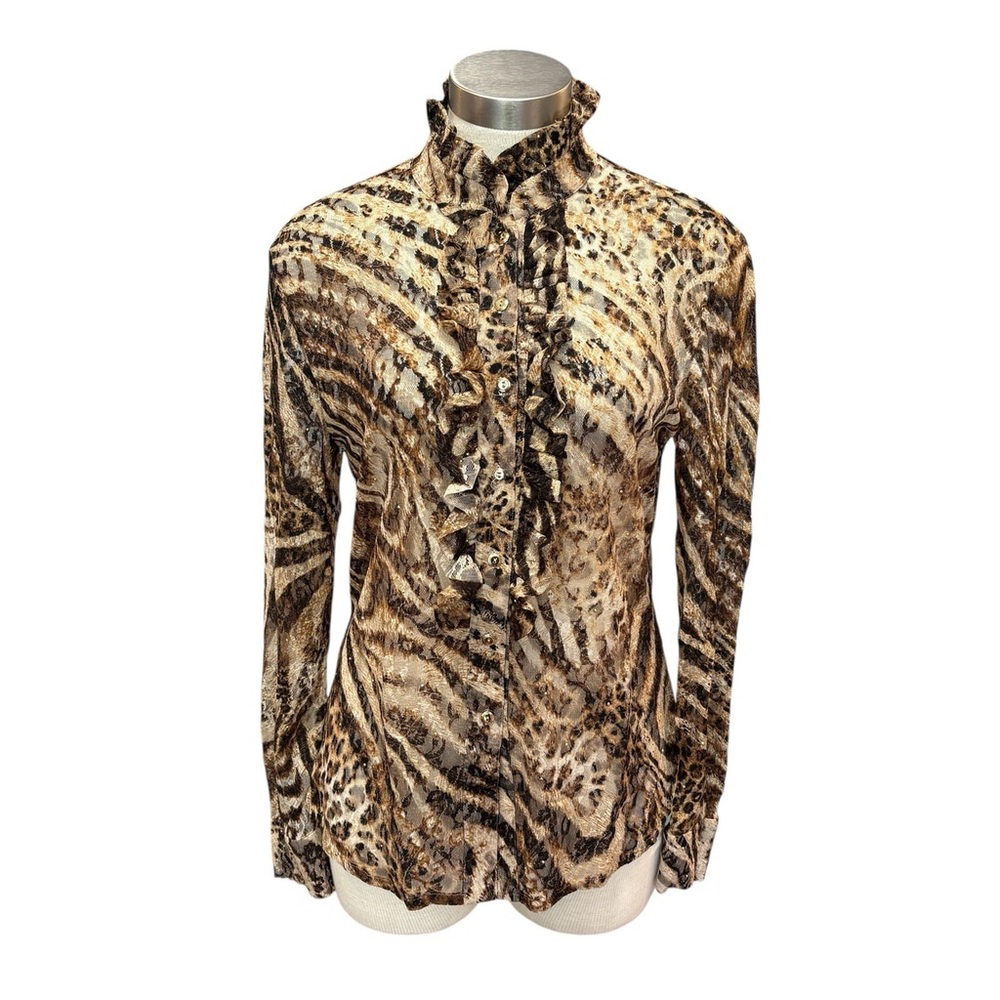 St John Womens Blouse Animal Zebra Print Ruffle Long Sleeve Mesh Sz. 12
